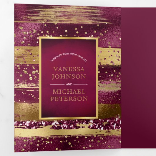 金ゴールドとブルゴーニュ結婚ーの筆 三つ折り招待状 (内部最初)