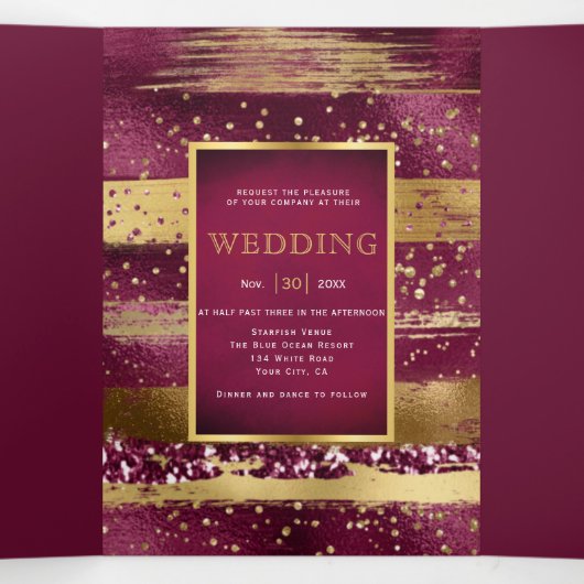 金ゴールドとブルゴーニュ結婚ーの筆 三つ折り招待状 (内部中)