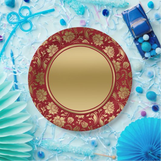 金ゴールドとブルゴーニュ赤フローラダマスディナープレート ペーパープレート (パーティー)