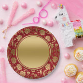 金ゴールドとブルゴーニュ赤フローラダマスディナープレート ペーパープレート (パーティー)