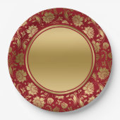 金ゴールドとブルゴーニュ赤フローラダマスディナープレート ペーパープレート (正面)