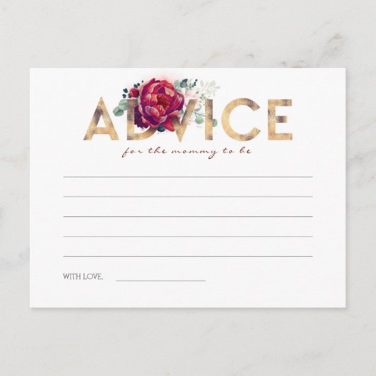 金ゴールドとブルゴーニュ赤ベビーシャワーアドバイスカード ポストカード (正面)