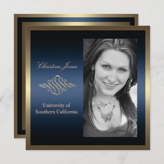 金ゴールドとブルーの卒業招待状 招待状 (正面/裏面)