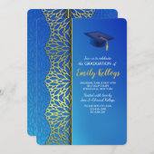 金ゴールドとブルーの卒業招待状 招待状 (正面/裏面)