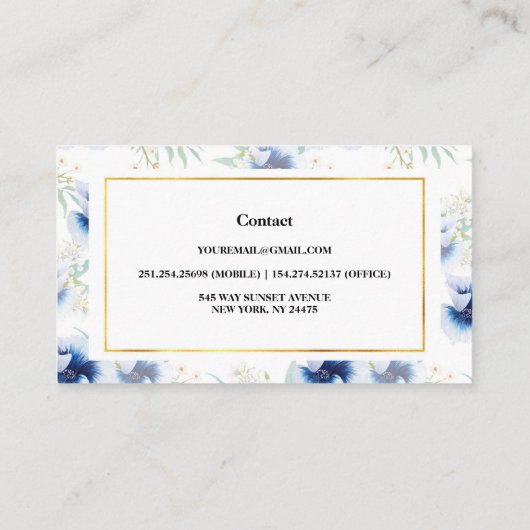 金ゴールドとブルーウォーターのカラー花模様 名刺 (裏面)