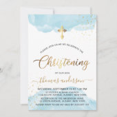 金ゴールドとブルーウォーターカラーボーイ《キリスト教》洗礼式や命名式 招待状 (正面)