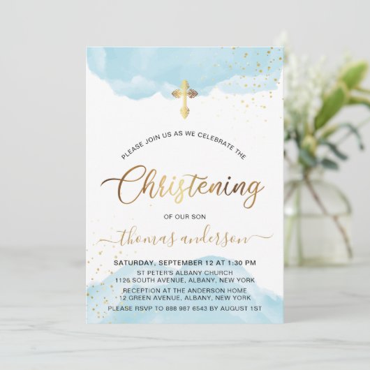 金ゴールドとブルーウォーターカラーボーイ《キリスト教》洗礼式や命名式 招待状 (スタンド正面)