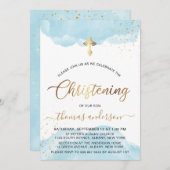 金ゴールドとブルーウォーターカラーボーイ《キリスト教》洗礼式や命名式 招待状 (正面/裏面)