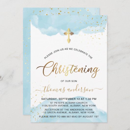 金ゴールドとブルーウォーターカラーボーイ《キリスト教》洗礼式や命名式 招待状 (正面/裏面)