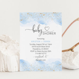 金ゴールドとブルーウォーター色ベビーシャワー 招待状