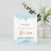 金ゴールドとブルーウォーター色ボーイバプテスマありがとう ポストカード (スタンド正面)