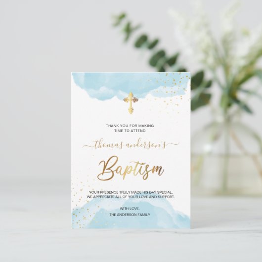 金ゴールドとブルーウォーター色ボーイバプテスマありがとう ポストカード (スタンド正面)