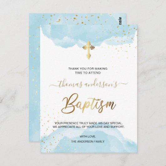 金ゴールドとブルーウォーター色ボーイバプテスマありがとう ポストカード (正面/裏面)