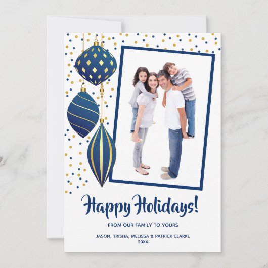 金ゴールドとブルークリスマスツリーのオーナメント写真 シーズンカード (正面)