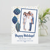 金ゴールドとブルークリスマスツリーのオーナメント写真 シーズンカード (スタンド正面)