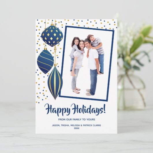 金ゴールドとブルークリスマスツリーのオーナメント写真 シーズンカード (スタンド正面)