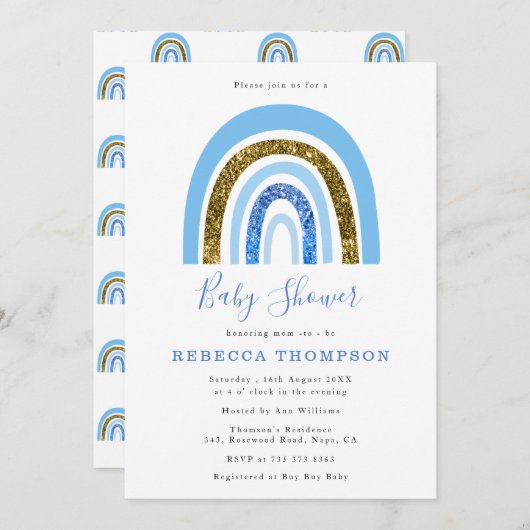 金ゴールドとブルーグリッターかわいい虹の赤ちゃんシャワー 招待状 (正面/裏面)
