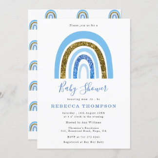 金ゴールドとブルーグリッターかわいい虹の赤ちゃんシャワー 招待状