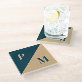 金ゴールドとブルーコントラストカスタムイニシャル ガラスコースター