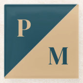 金ゴールドとブルーコントラストカスタムイニシャル ガラスコースター (正面)