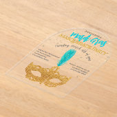 金ゴールドとブルースパークルスマスクマルディグラパーティー アクリル招待状 (レイダウン)