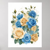 金ゴールドとブルーバラロマンチックな水色のポスター ポスター (正面)
