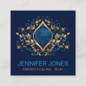 金ゴールドとブルーフラワー・オブ・ライフ・オーナメント スクエア名刺 (正面)