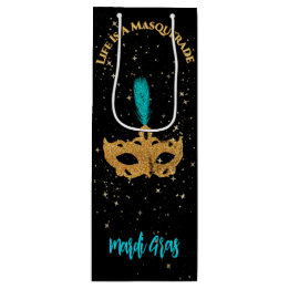 金ゴールドとブルーマスクマルディグラパーティー ワインギフトバッグ