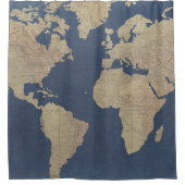 金ゴールドとブルーワールドマップ シャワーカーテン (正面)