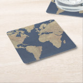金ゴールドとブルーワールドマップ スクエアペーパーコースター (アングル)