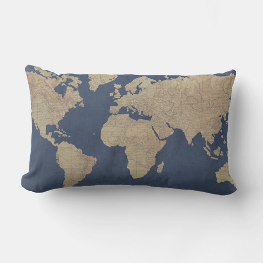 金ゴールドとブルーワールドマップ ランバークッション (正面)