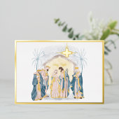 金ゴールドとブルー出生クリスマス 箔シーズンカード (立ち正面)