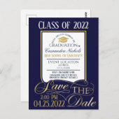 金ゴールドとブルー卒業招待状はがき ポストカード (正面/裏面)