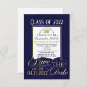 金ゴールドとブルー卒業招待状はがき 招待状 (正面/裏面)