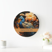 金ゴールドとブルー名前をカスタムするかわいらし孔雀 ラージ壁時計 (ホーム)