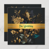 金ゴールドとブルー庭園の結婚式招待状 招待状 (正面/裏面)