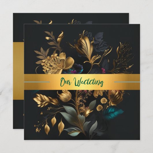 金ゴールドとブルー庭園の結婚式招待状 招待状 (正面/裏面)