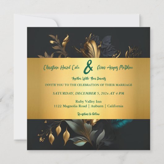 金ゴールドとブルー庭園の結婚式招待状 招待状 (裏面)