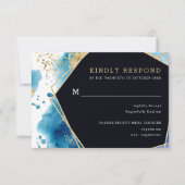 金ゴールドとブルー海結婚の食事オプションRSVPカード 出欠カード (正面)