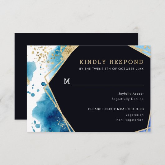 金ゴールドとブルー海結婚の食事オプションRSVPカード 出欠カード (正面/裏面)