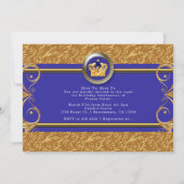 金ゴールドとブルー王室のクラウンバースデーパーティ招待状 招待状 (裏面)