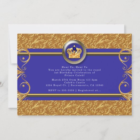 金ゴールドとブルー王室のクラウンバースデーパーティ招待状 招待状 (裏面)