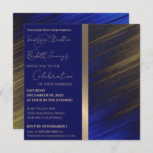 金ゴールドとブルー結婚式招待状 招待状 (正面/裏面)