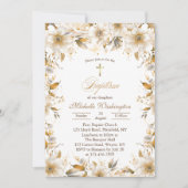 金ゴールドとベージュフラワーバプテスマ招待状 招待状 (正面)