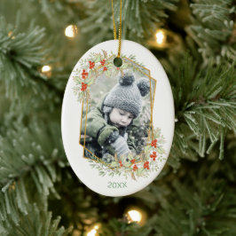 金ゴールドとホリー |幾何学的な休日の写真 セラミックオーナメント