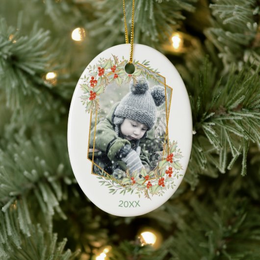 金ゴールドとホリー |幾何学的な休日の写真 セラミックオーナメント (ツリー)