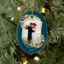 金ゴールドとホリー |幾何学的な休日の写真 セラミックオーナメント