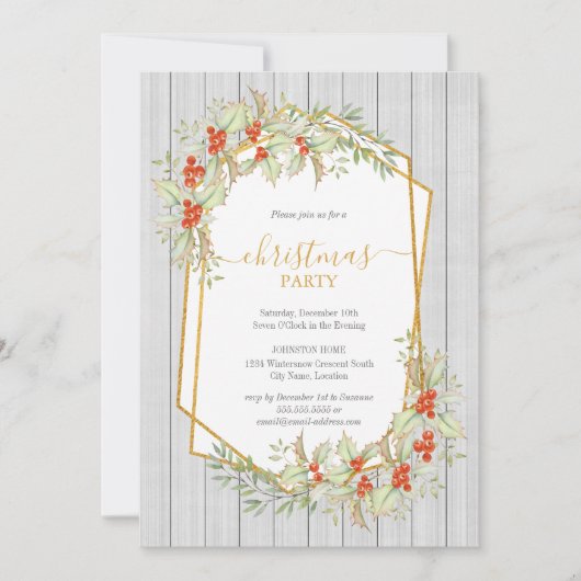 金ゴールドとホリー |幾何学的な国の素朴休日 招待状 (正面)