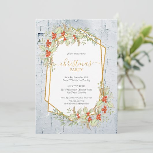 金ゴールドとホリー |幾何学的素朴クリスマス 招待状 (スタンド正面)