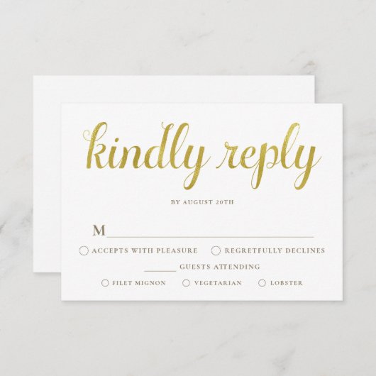金ゴールドとホワイトアニベンシャルRSVPカード（食事付き） 招待状 (正面/裏面)